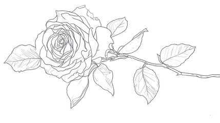  a drawing of a rose with leaves on the stem and a stem with leaves on the end of the stem. - obrazy, fototapety, plakaty