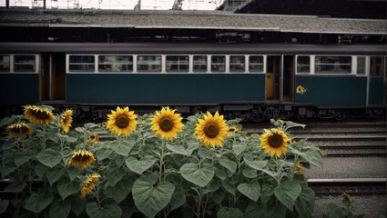 A train from the year 1991, abandoned at a station. Beautiful sunflowers have blossomed at the abandoned station