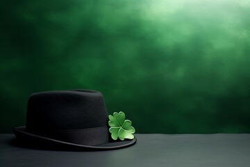 Hat with clover leaf irish on green dark background. St.Patrick’s Day. presentation. advertisement. invite invitation. copy text space.