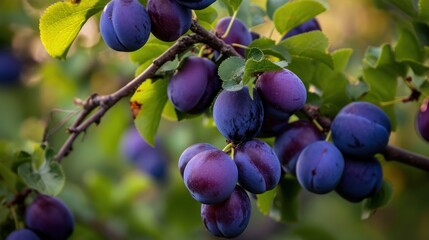  a bunch of purple plums hanging from a tree branch with green leaves and green leaves in the foreground.