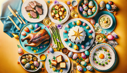 Top-down view of an Easter lunch, featuring roasted lamb, asparagus risotto, artichoke hearts, and Colomba Pasquale, with bright, festive decorations