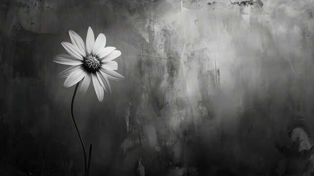  a black and white photo of a flower in front of a gray and white wall with a black and white background.