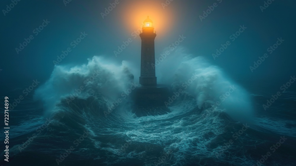 Poster a lighthouse in the middle of a body of water with a light on top of it in the middle of the ocean.