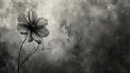  a black and white photo of a flower in front of a grungy wall with clouds in the background.