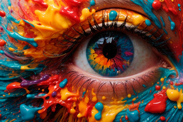Fototapeta premium A close-up of a woman's eye decorated with multicolored paints.