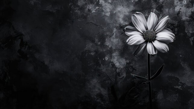  a black and white photo of a single flower on a black and white photo of a single flower on a black and white background.