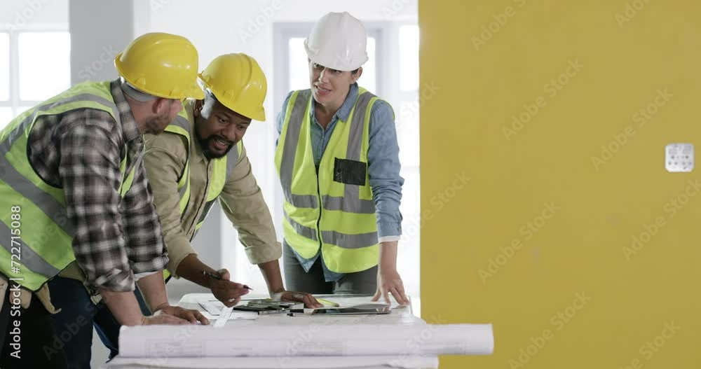 Poster Construction, team and discussion with blueprint for architecture, building proposal or development. Group, engineering or floor plan for industrial design, property maintenance or project management