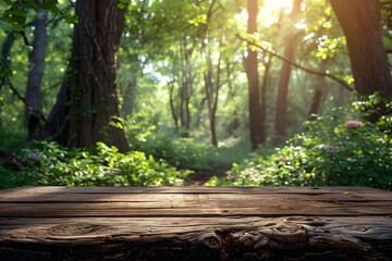 Blurry Forest with walking path Behind Empty Table Foreground
