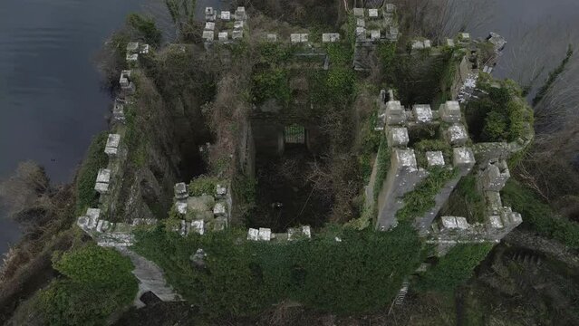 Ruins Of McDermott Castle In County Roscommon, Ireland - Aerial Drone Shot