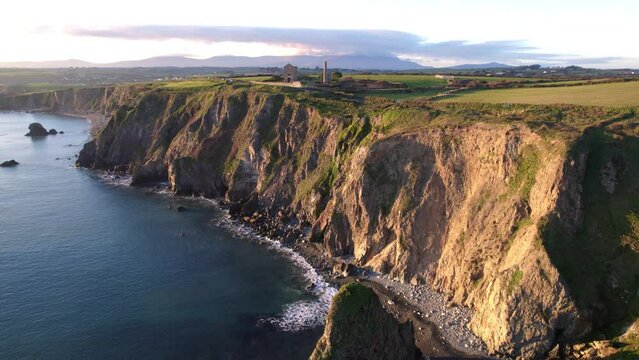 Copper Coast Waterford Ireland cinematic landscape of old copper mines and traffic on coast road