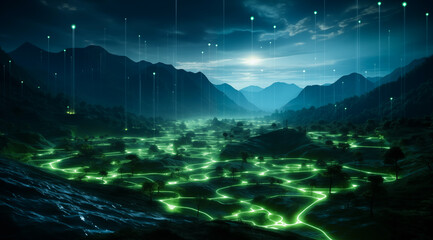 Geothermal power plant in mountain. Clean green renewable energy. Sustainable development goals. SDGs. Environmental technology Concept. Generative Ai.