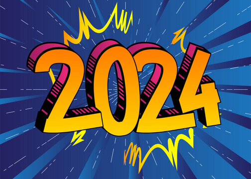Cartoon 2024 explosion sign, comic book New Year. Retro vector comics pop art design.