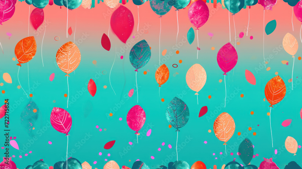 Poster a painting of colorful balloons floating in the air with confetti on the bottom of the balloons and 