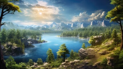Obraz premium Fantastic mountain landscape with a river. Generative AI