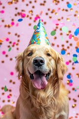 Joyful Celebration, Cute Golden Retriever Dog Wearing a Colorful Birthday Hat with Cheerful Demeanor.