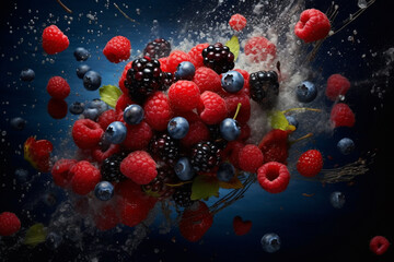 Food concept. Explosion in water of various colorful and fresh looking berries. Dark background with copy space