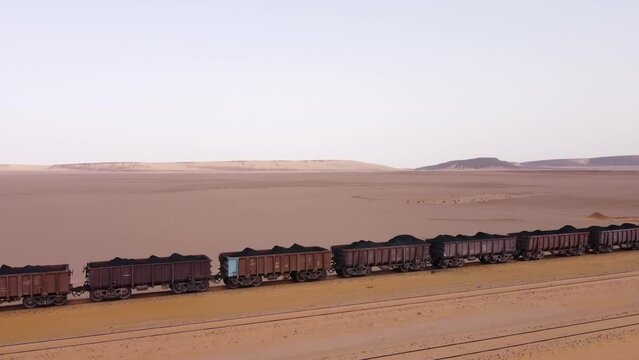 Drone Shot of Iron Ore Train in the Desert, Mauritania
