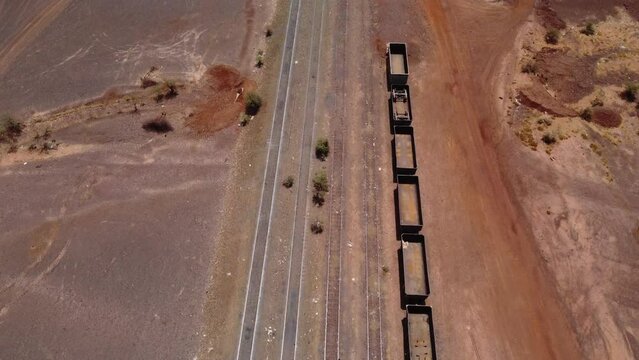 Drone shot of an old iron ore train parked in Zou&eacute;rat, Mauritania