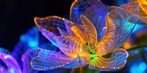 Close-Up of Petals Covered in Intricate Design Patterns, Illuminating Creative Elegance. Electroluminescent Wire Flower Art.