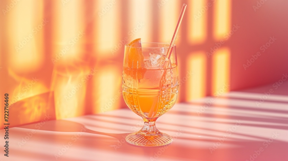 Poster a glass of orange juice with a straw in it on a table next to a window with sunlight streaming throu