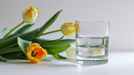  a glass of water next to a vase of tulips and a vase of tulips on a table.