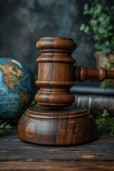 Global Values Unite, Gavel and Green Eco Earth Globe - A Concept Symbolizing International Law, Sustainable Environment, and Future Global Values