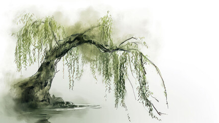 a watercolor painting of a willow tree over a body of water with a rock in the foreground and fog in the background.