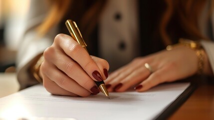 Businesswoman signing a contract - obrazy, fototapety, plakaty