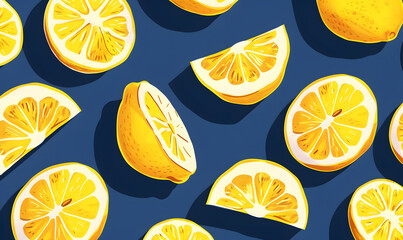 Yellow lemon pattern on blue background illustration, Generative AI