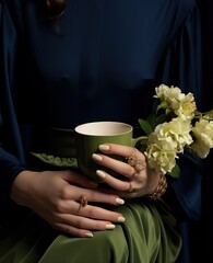  a close up of a person holding a cup with a bouquet of flowers in front of a dark blue background.