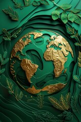 Paper Cut Elegance, World Earth Day-Themed Emerald Green Card with Golden Accents