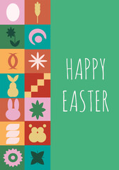 Trendy Geometric Easter greeting card design. Easter holiday Poster in trendy Geometrical style with cartoon bunny. Vector illustration can used web banner and social media poster. EPS 10