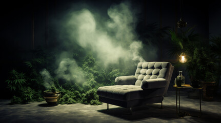 Relaxation room with marijuana plants and smoke from marijuana To relax in a dim and quiet atmosphere. - obrazy, fototapety, plakaty