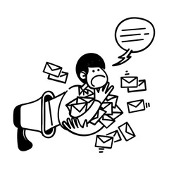 hand drawn doodle megaphone with many letters illustration