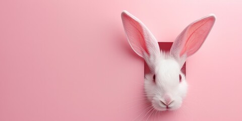 Easter Bunny Concept, White Rabbit Ear Emerging from a Hole in a Pastel Pink Paper Background