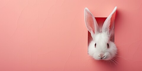 Obraz premium Easter Bunny Concept, White Rabbit Ear Emerging from a Hole in a Pastel Pink Paper Background