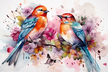 Nature and animals concept. Composition of colorful birds and flower blossoms in watercolor drawing style