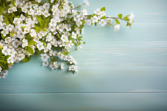 branche de fleurs blanches de pommiers sur un fond en bois bleu clair. Ressource graphique pour le printemps