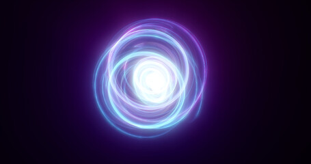 Abstract purple rings spheres from energy magic waves of smoke circles and glowing lines on a black background