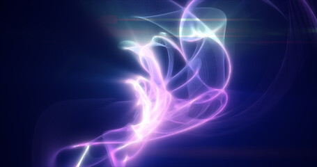 Abstract waves of purple energy magic smoke and glowing lines on a black background