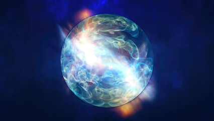 Multicolored energy magic circle sphere ball of futuristic waves and lines of smoke particles of liquid plasma energy and electricity. Abstract background