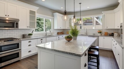 Gourmet kitchen features white shaker cabinets with marble countertops, stone subway tile backsplash, double door stainless steel refrigerator and gorgeous kitchen island. Northwest, USA