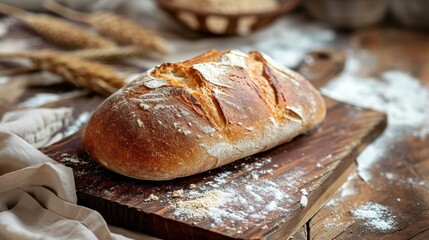  a loaf of bread sitting on top of a cutting board next to a loaf of bread on top of a wooden cutting board.