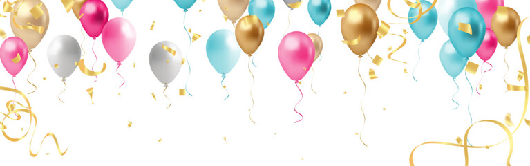 Happy birthday background with balloons and confetti. Vector Illustration.