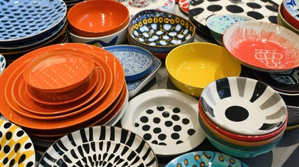  a pile of colorful plates sitting on top of a table covered in lots of different shapes and sizes of plates.
