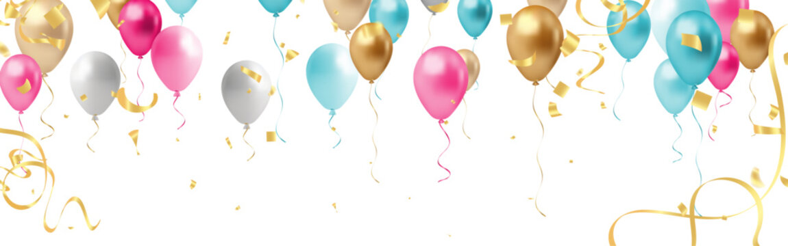 Happy birthday background with balloons and confetti. Vector Illustration.