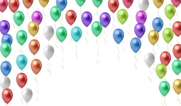 Multi-colored balloons horizontal background. An arch of glossy helium balls with space for text on a white background. Rasterized version.