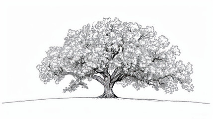  a black and white drawing of a tree in the middle of a field with a white sky in the background.