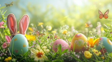 Colorful Easter Eggs in a Sunny Spring Meadow