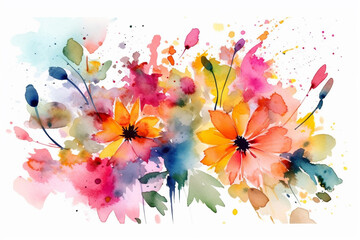 Nature concept. Colorful flowers in watercolor drawing style and white background with copy space